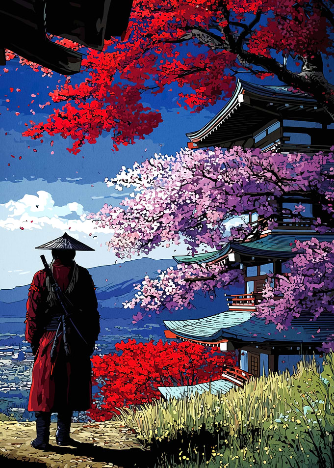 Samurai Standing Before Traditional Pagoda