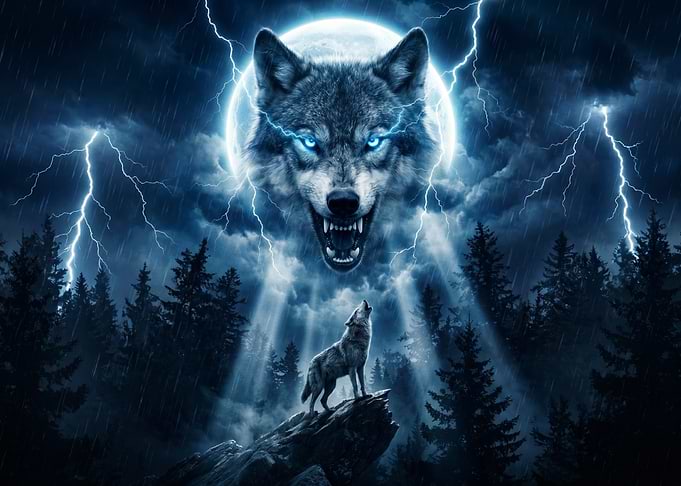 Wolf Howling at Stormy Moon