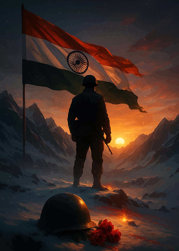 Indian Soldier Standing Guard at Sunset