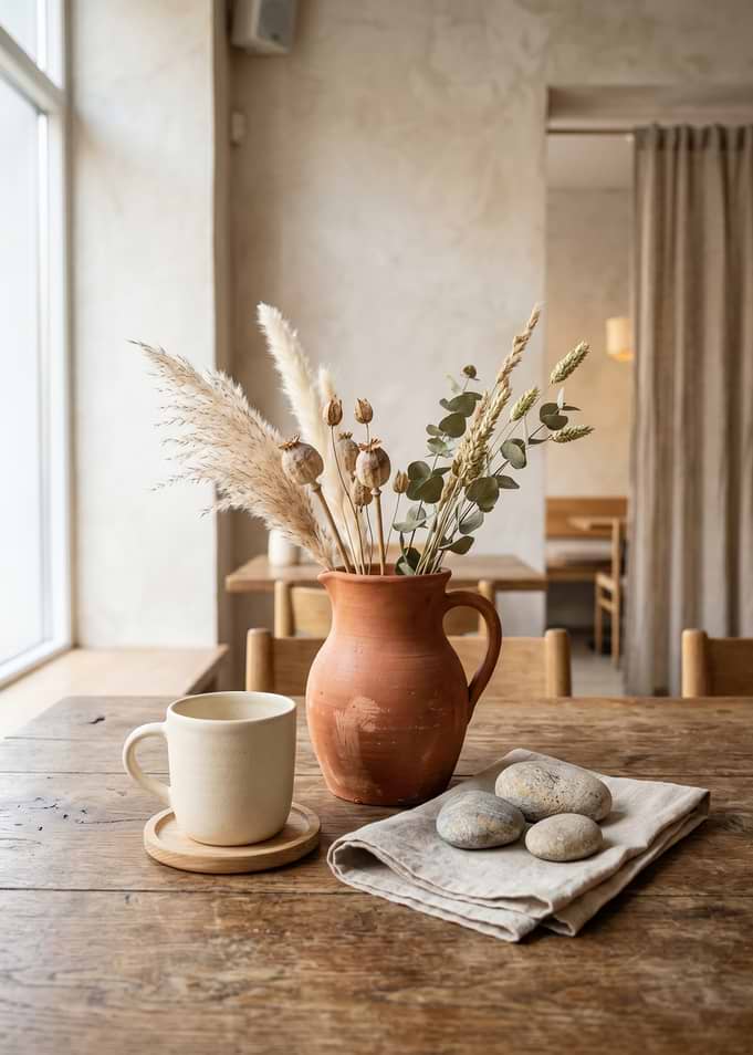 Cozy Japandi Still Life - Terracotta Vase with Pampas Grass and Ceramic Mug