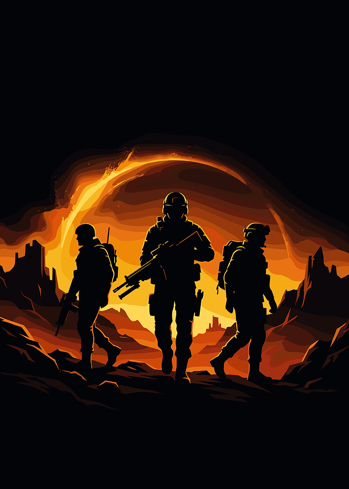 Soldiers Silhouetted Against Fiery Landscape