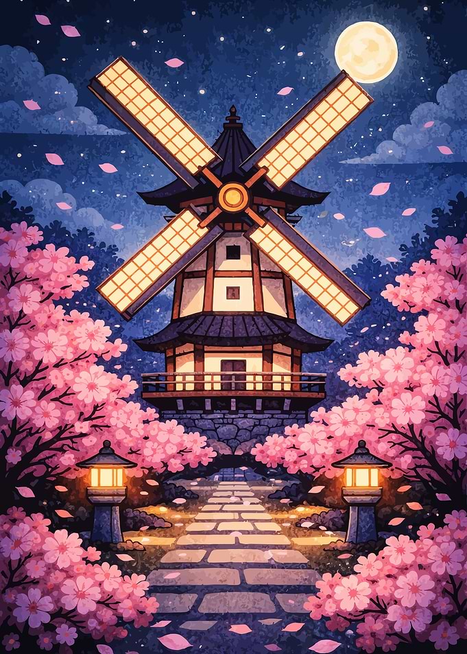 Japanese Windmill Under Cherry Blossoms