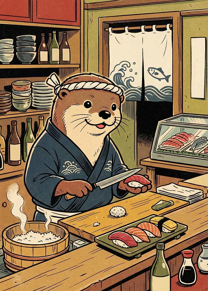 Otter Sushi Chef Preparing Nigiri
