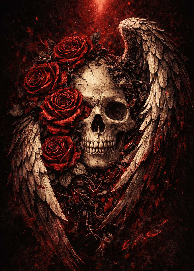 Gothic Skull with Roses and Wings