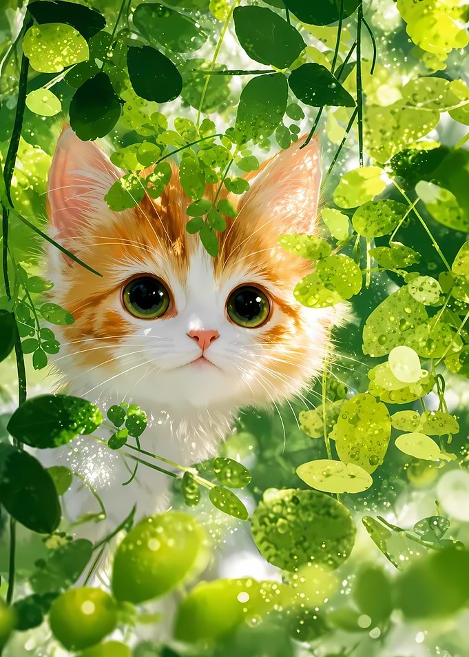 Cute Ginger Kitten in Green Foliage