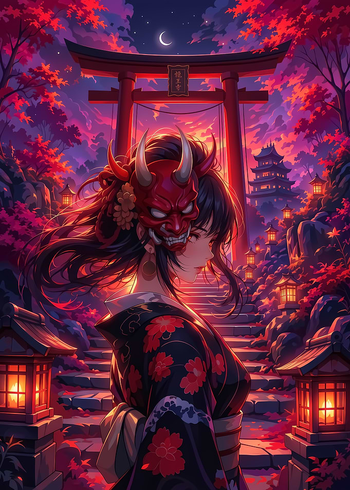 Anime Girl with Oni Mask