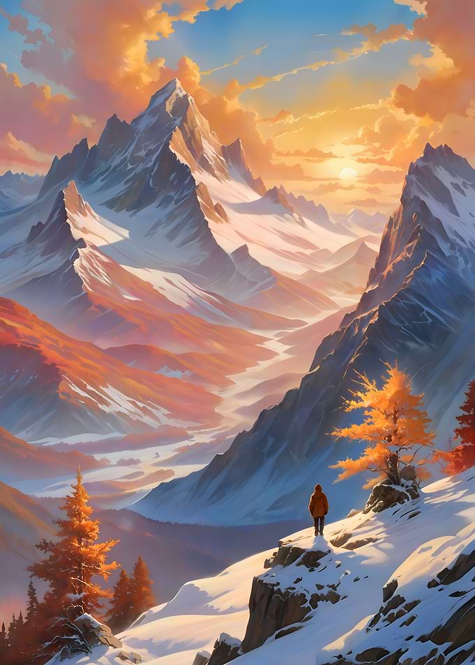 Lone Hiker in Snowy Mountain Sunset