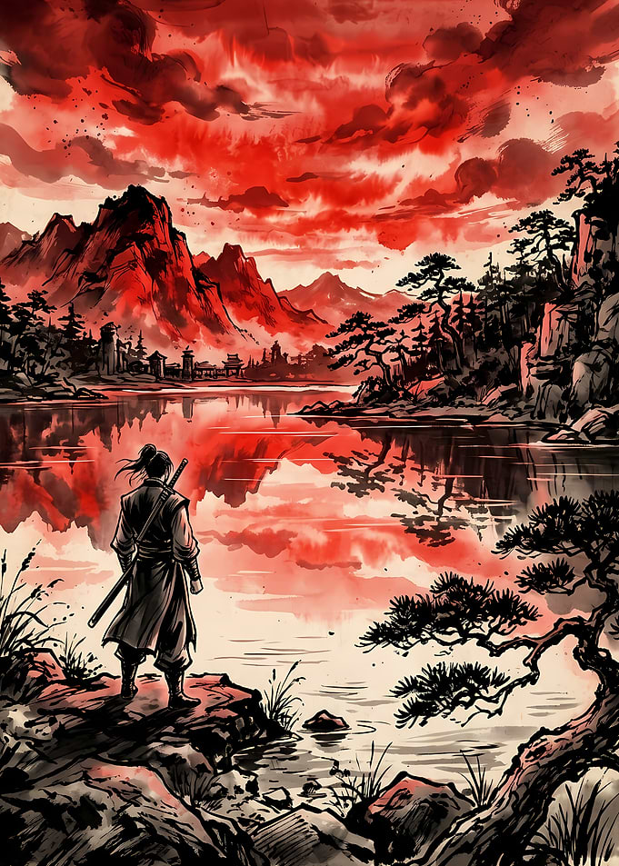 Samurai Standing Before Red Landscape