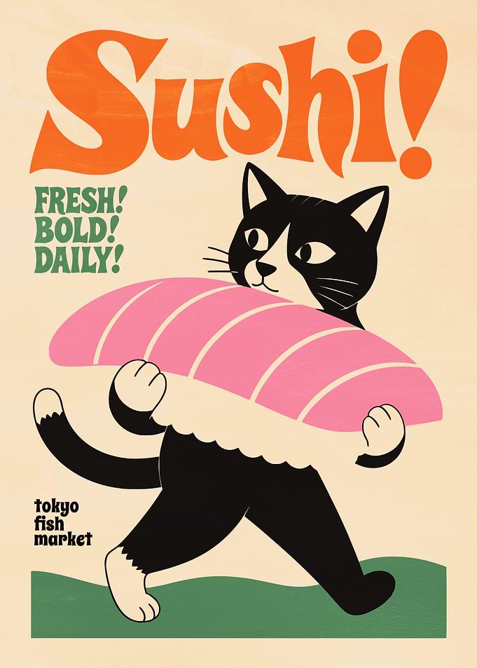Cute Cat Carrying Sushi Poster