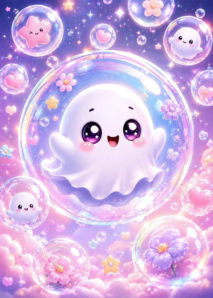 Cute Ghost Inside Magical Bubbles