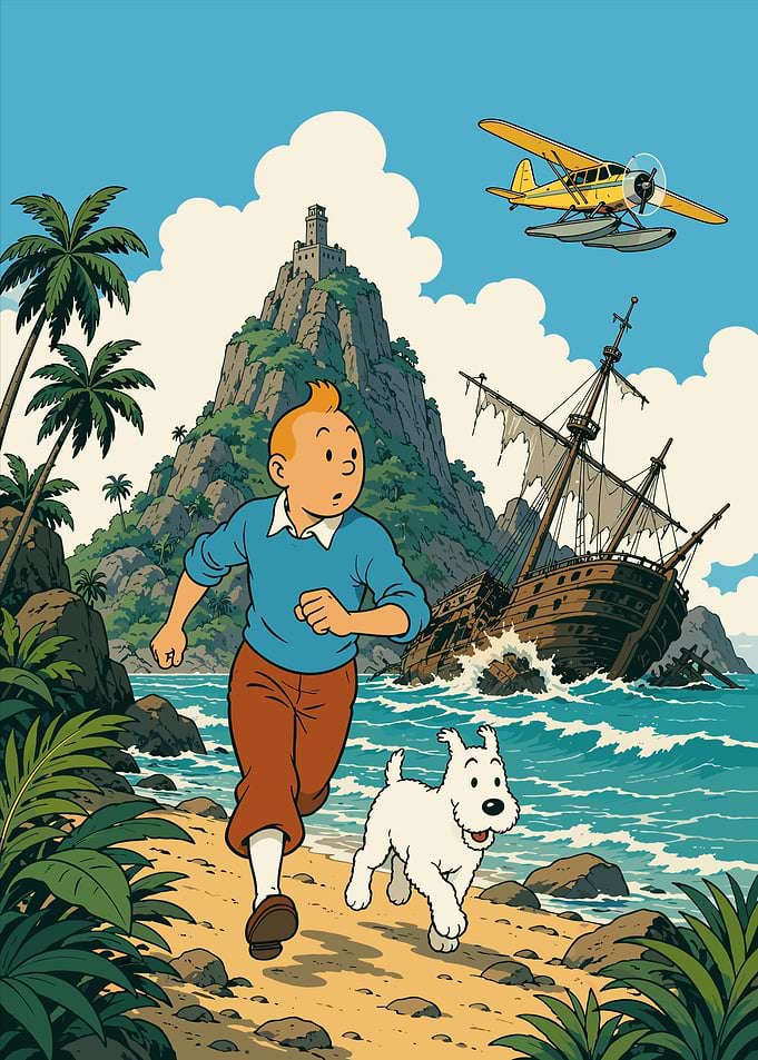 Tintin and Snowy on Tropical Island
