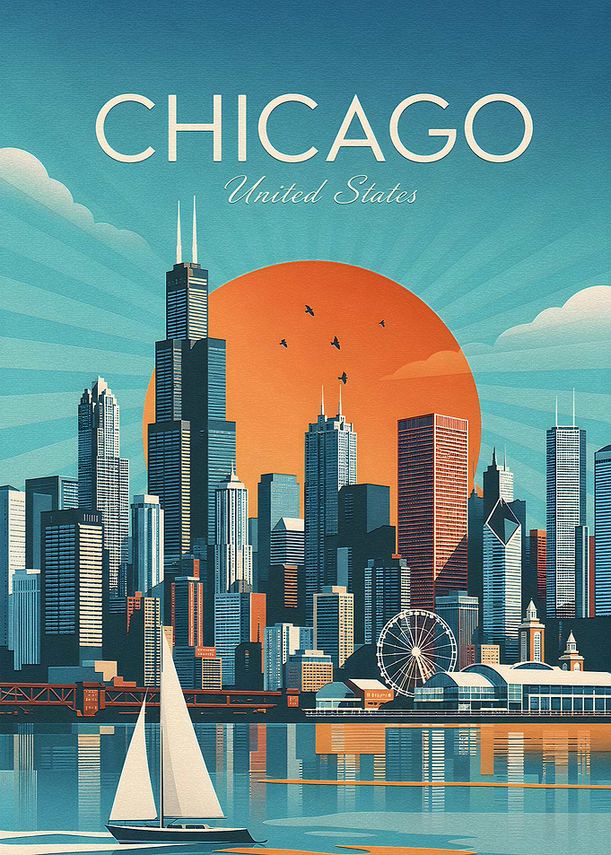 Vintage Chicago Skyline Travel Poster