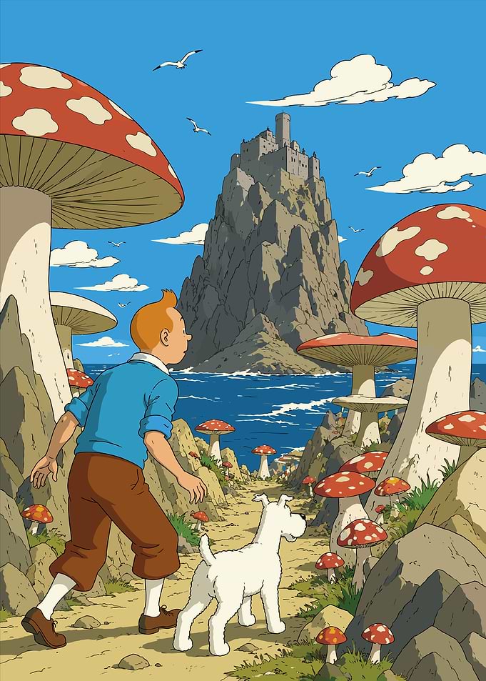 Tintin and Snowy in Mushroom Land