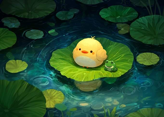 Cute Chick and Frog on Lilypad