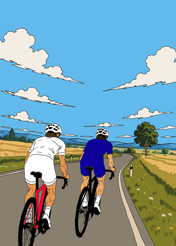 Two Cyclists Riding on Country Road