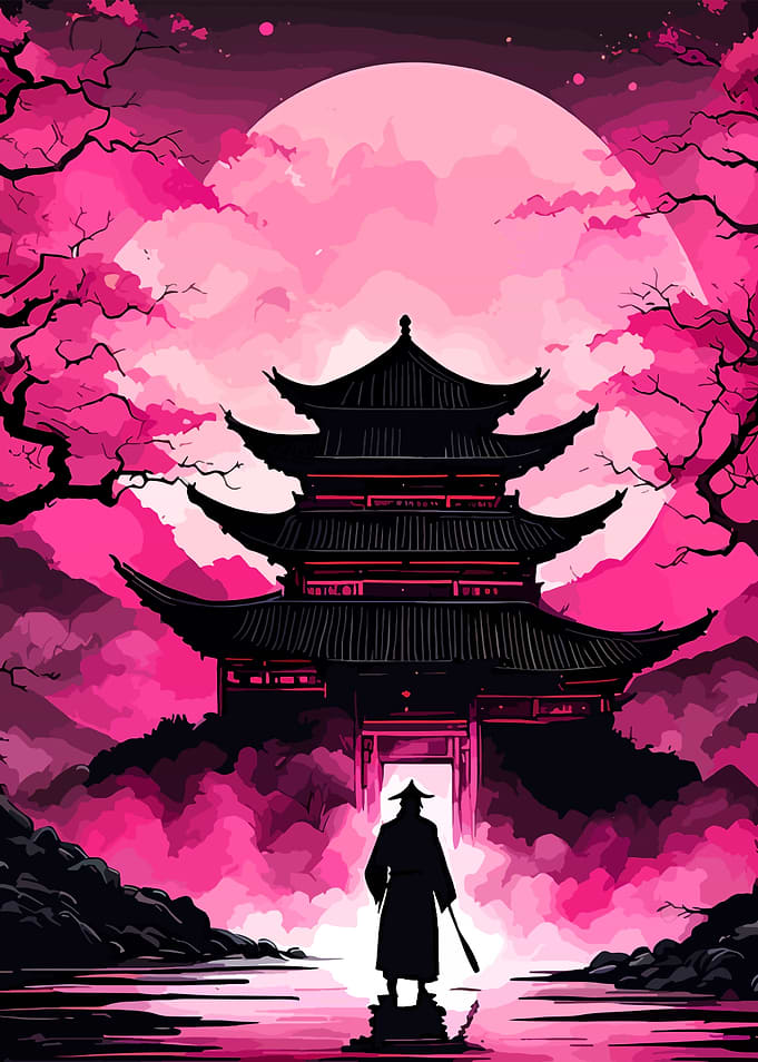 Samurai Before a Pink Temple