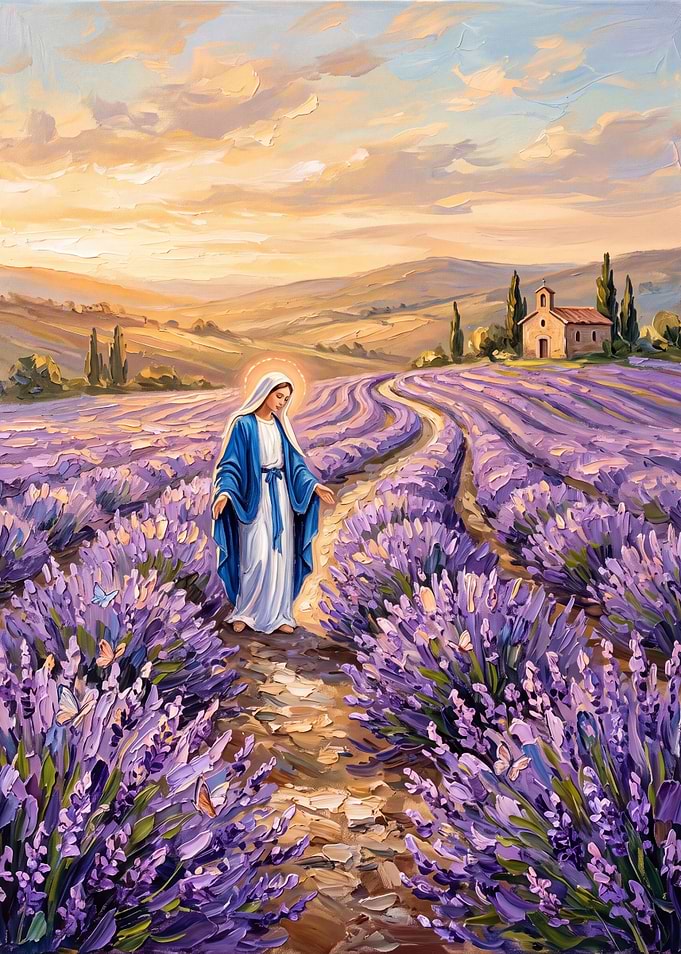 Virgin Mary in Lavender Field Painting