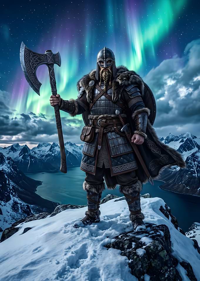Viking Warrior Under Northern Lights