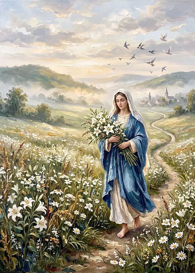 Virgin Mary Walking Through Meadow