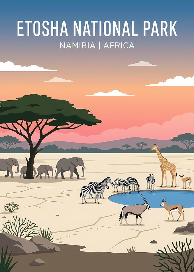 Etosha National Park Namibia Travel Poster