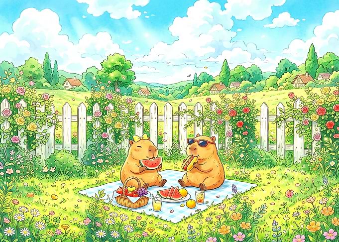 Capybaras Having a Sunny Garden Picnic