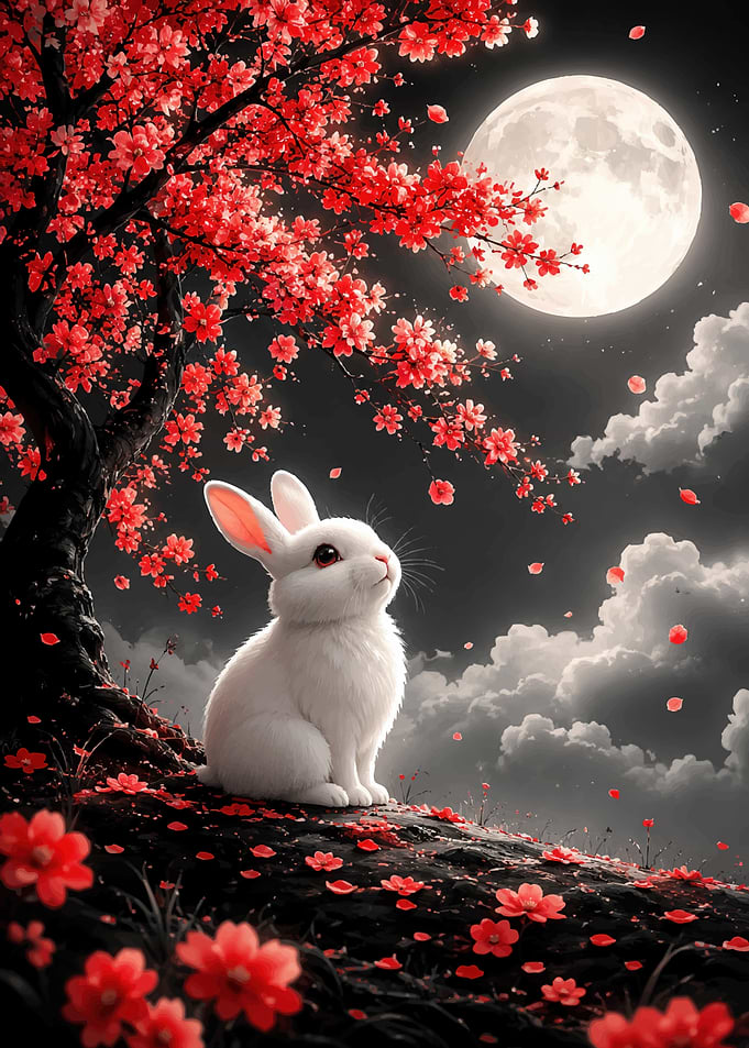 White Rabbit Under Red Cherry Blossom