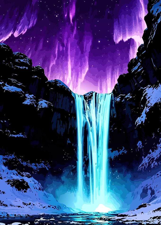Glowing Waterfall Under Purple Aurora