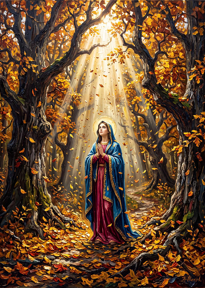 Virgin Mary in Autumn Forest