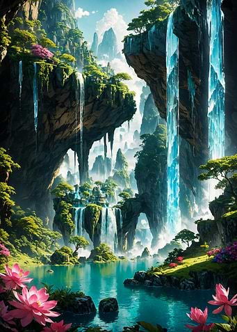 Fantasy Floating Mountains and Cascading Waterfalls