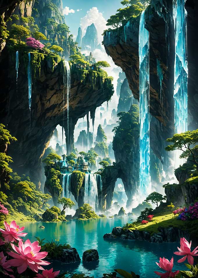 Fantasy Floating Mountains and Cascading Waterfalls