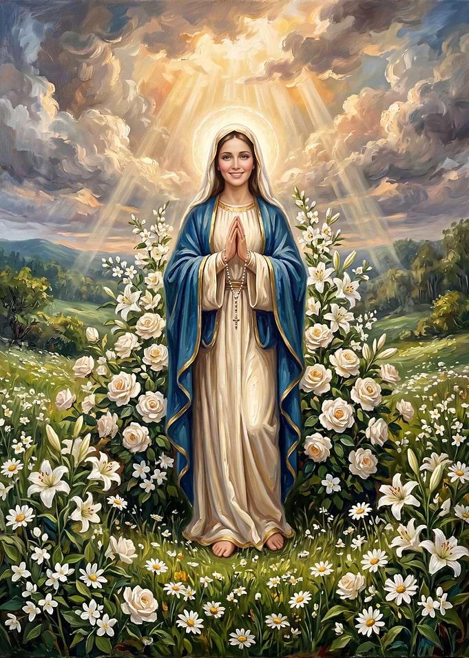 Virgin Mary in a Floral Meadow