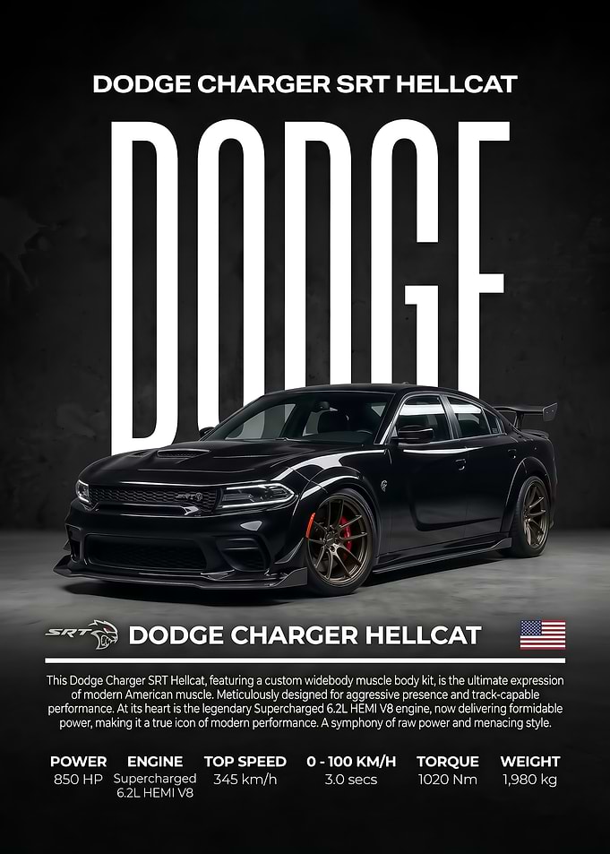 black sleek Dodge Charger SRT Hellcat Poster