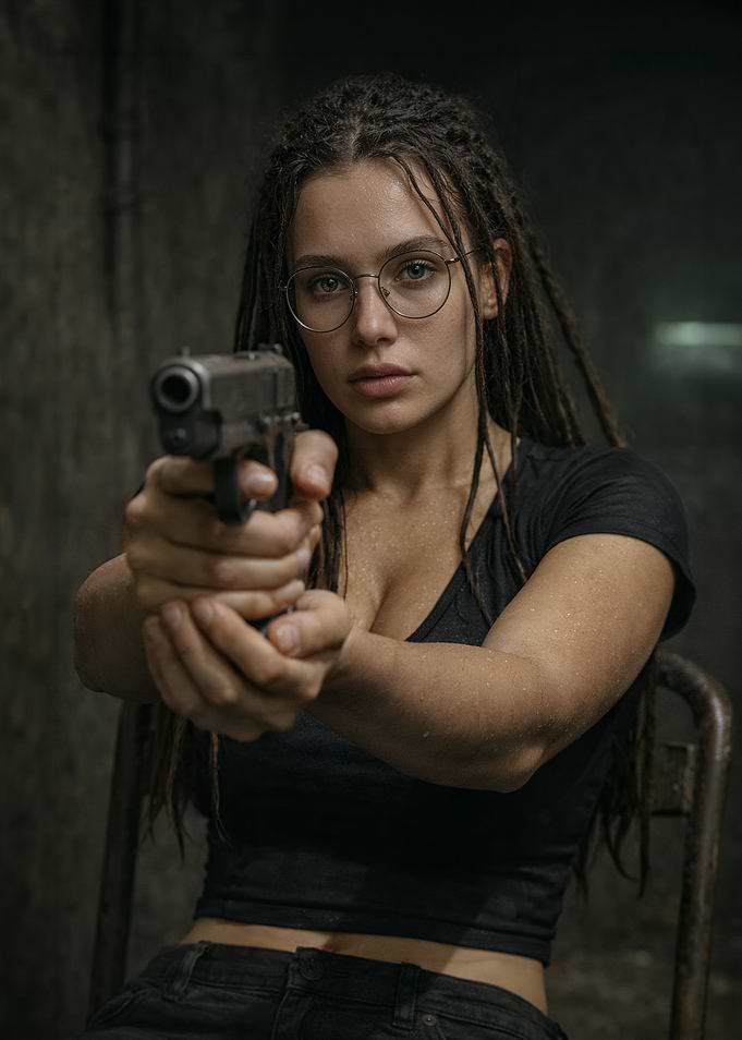 Woman with dreadlocks aiming a handgun