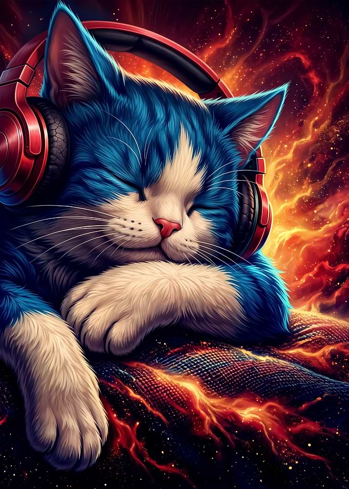 Sleeping Cat with Red Headphones