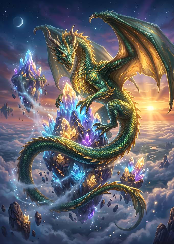 Majestic Green Dragon on Floating Crystals