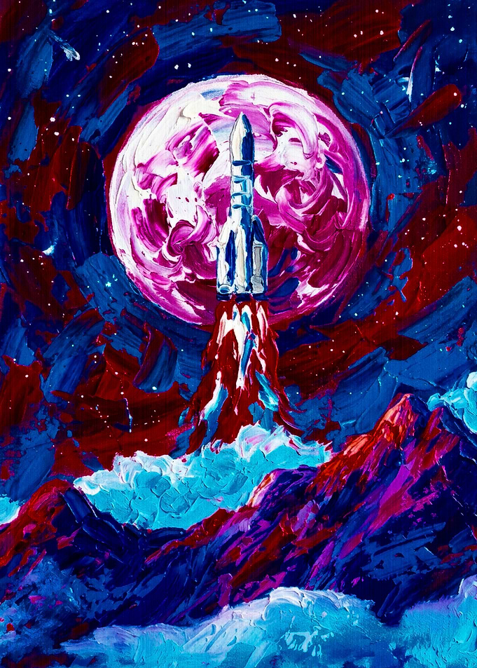Rocket Launching Toward Pink Moon