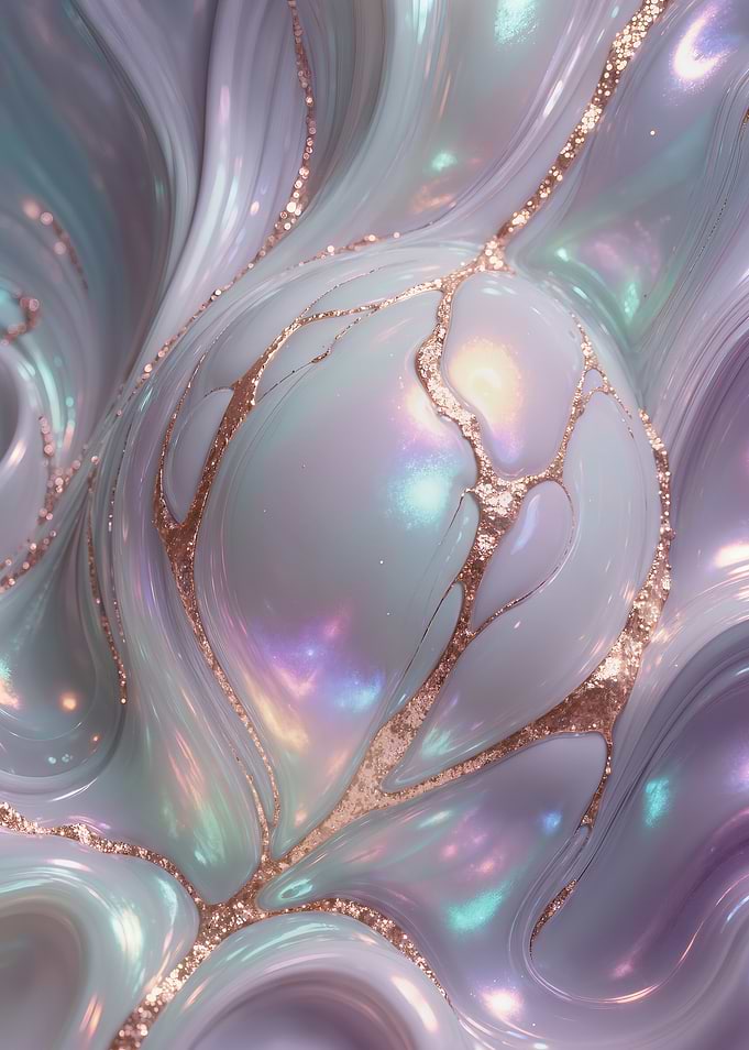 Iridescent Marble Abstract, Pearl and Rose Gold Fluid Wall Art
