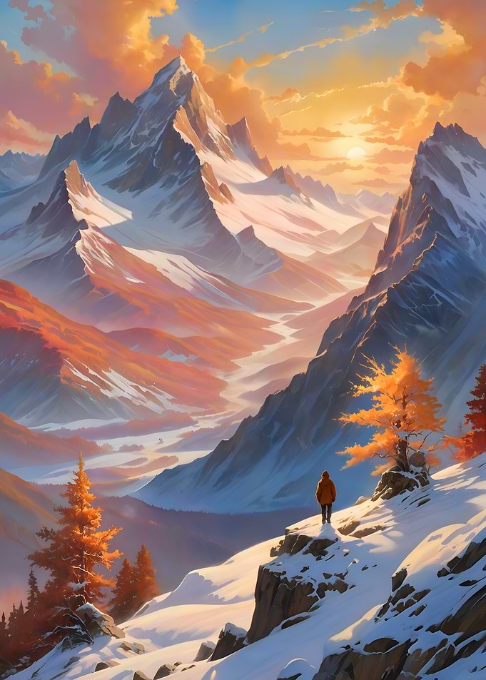 Lone Hiker in Snowy Mountain Sunset