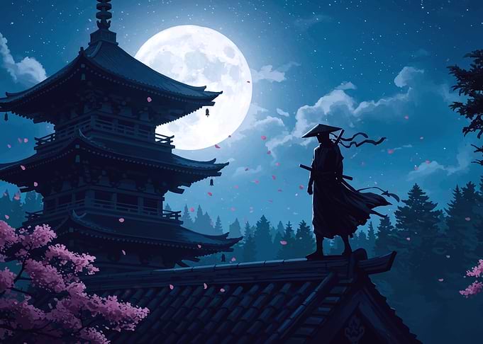 Samurai Standing on Temple Roof
