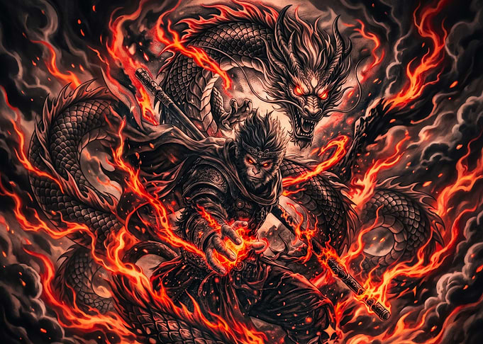 Sun Wukong and Dragon in Flames