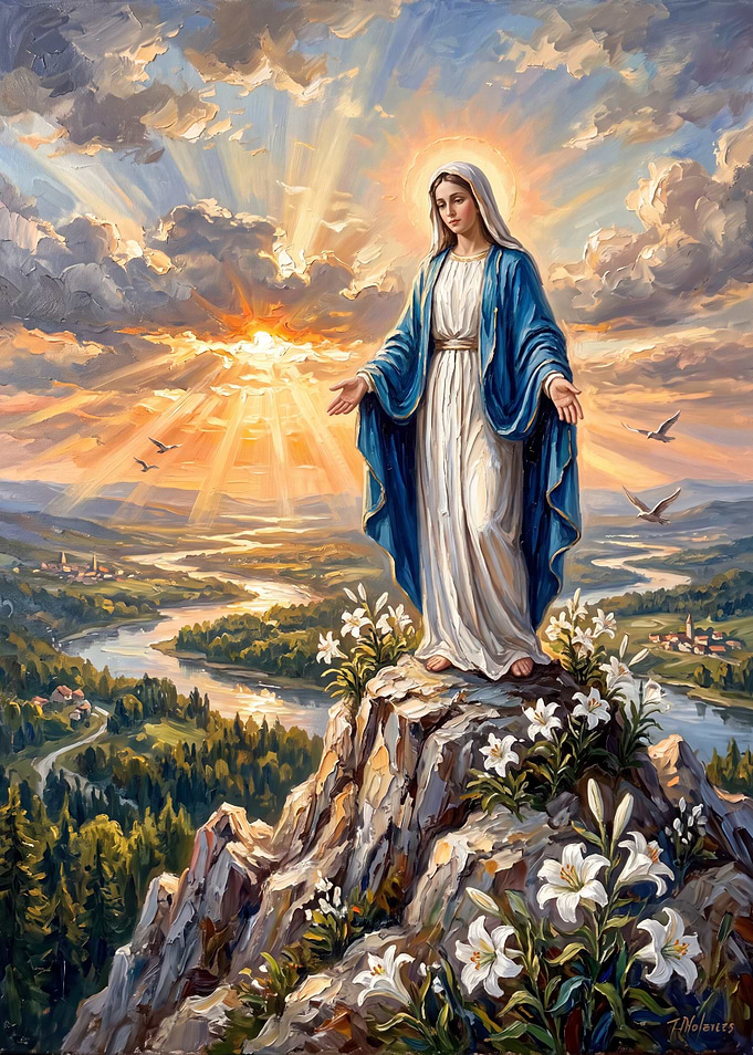 Virgin Mary Standing on Mountain Peak