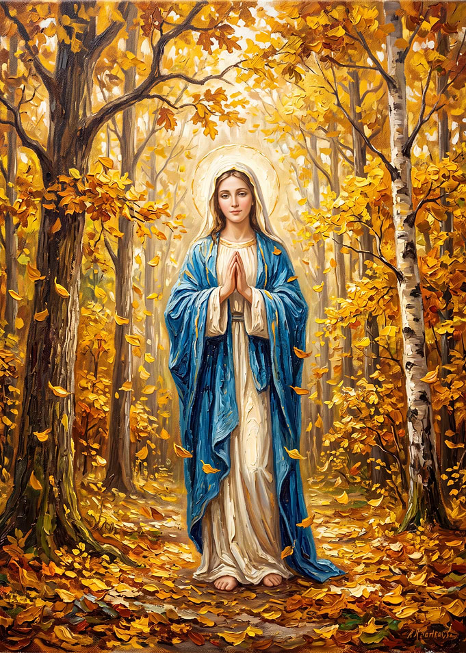 Virgin Mary in Autumn Forest Painting