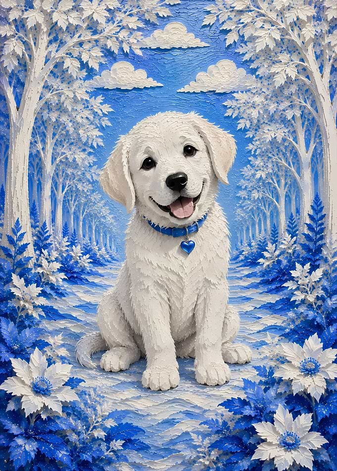 Happy White Puppy in Blue Forest