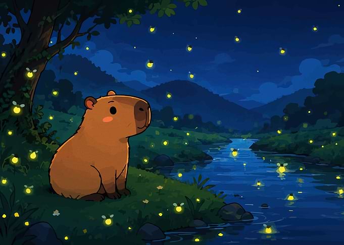 Cute Capybara Watching Fireflies at Night