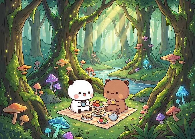Cute Panda and Bear Picnic