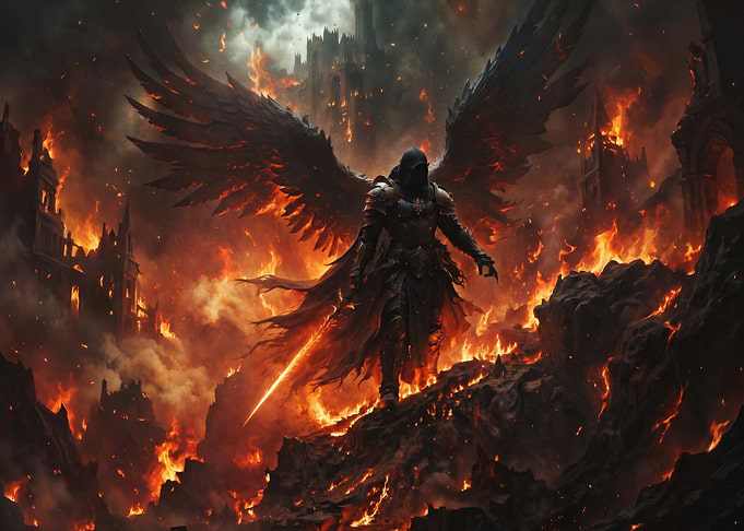 Fallen Angel Warrior in Burning Ruins