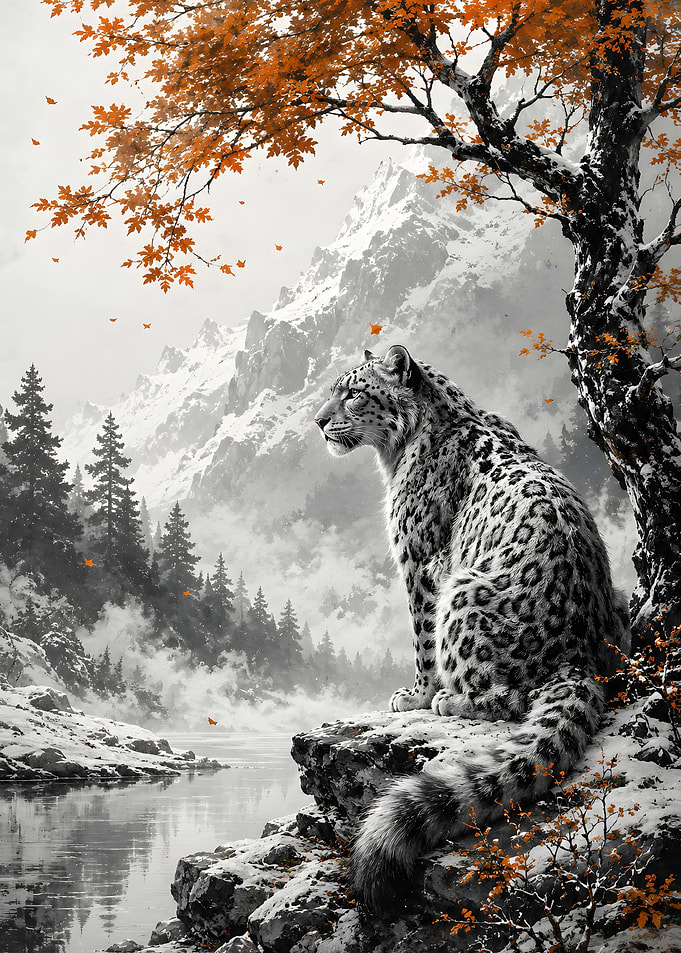Snow Leopard in Autumnal Mountain Landscape