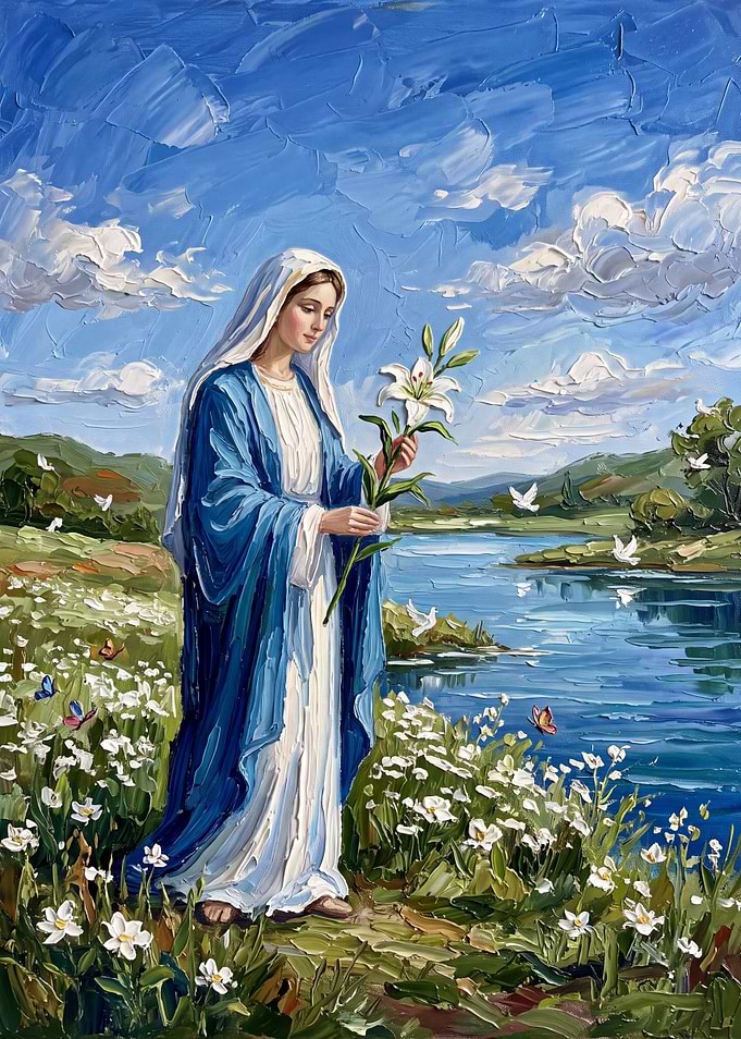 Virgin Mary with Lily by River