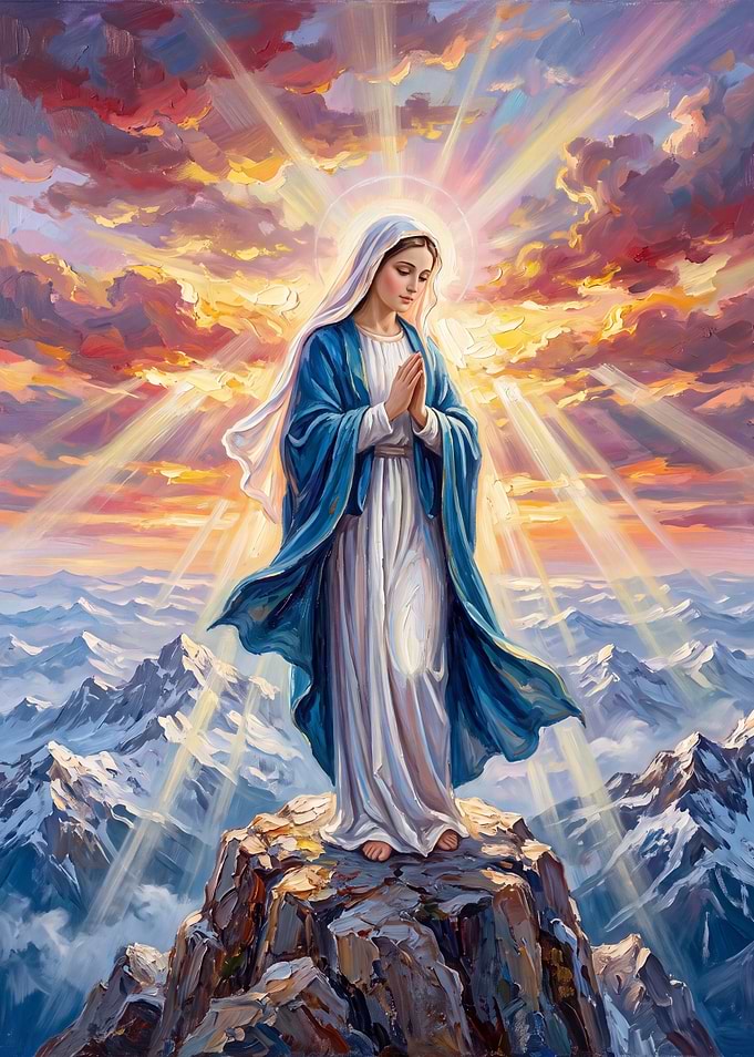 Virgin Mary Standing on Mountain Peak