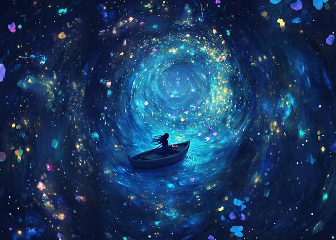 Girl Rowing Boat Through Cosmic Galaxy
